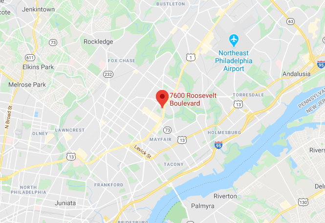 Map showing the Roosevelt Inn located at 7600 Roosevelt Boulevard, Philadelphia, PA